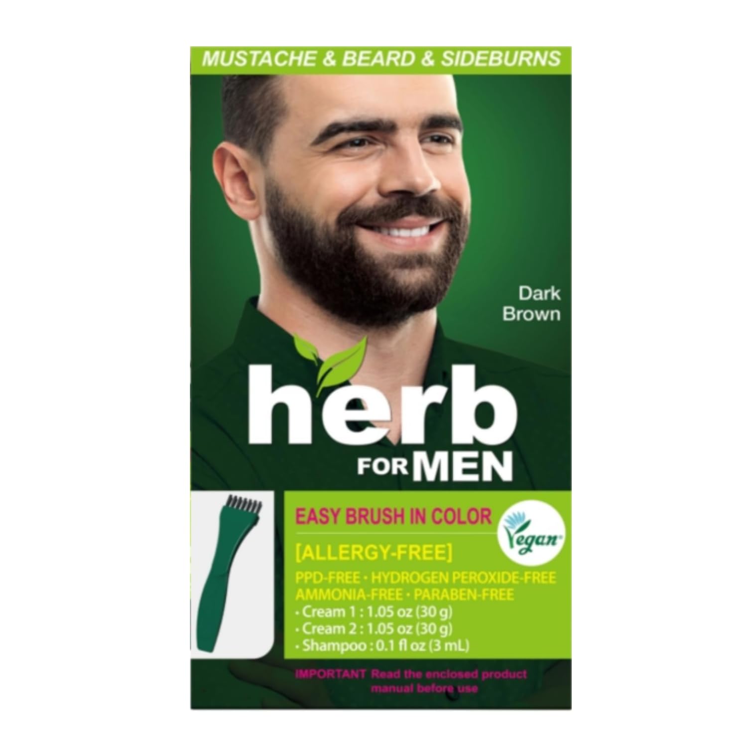 Herb For Men Mustache & Beard Dye (Dark Brown, 1 Pack), PPD-Free Ammonia-Free, Vegan with Natural Ingredients, Odorless, Gentle for Sensitive Skin, No Skin Irritation