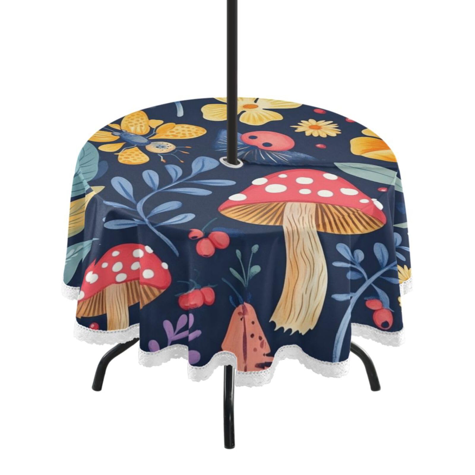 Ttgoth Mushroom Outdoor Table Cloth 152 cm Water Stain & Resistan Tablecloth Wipeable Table Cover with Parasol Hole & Zipper for Garden Patio Party Picnic