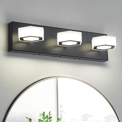 Lámpara LED de baño de 3 luces, moderna luz negra sobre espejo, iluminación de pared de baño de acrílico, brillo de 24 W, regulable, 4000 K, cabezal