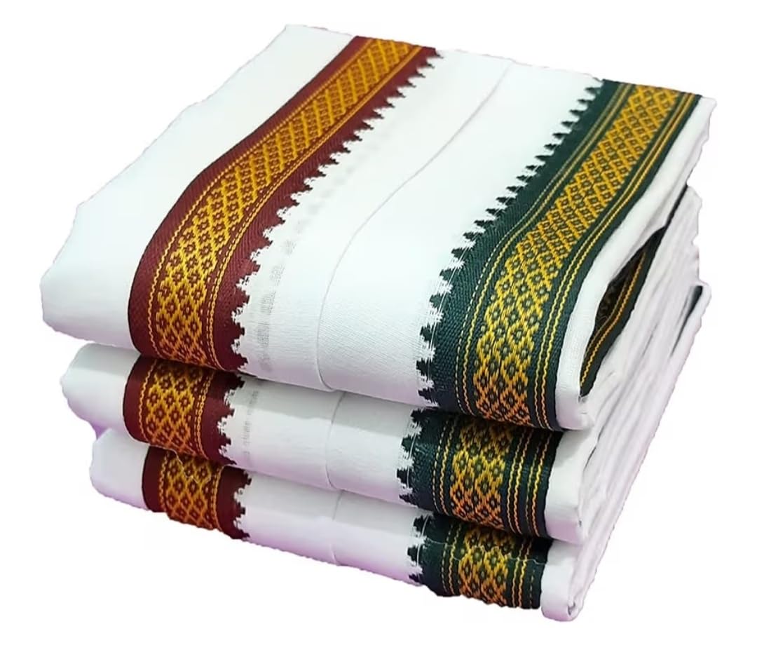 Cotton Angavastram with Red and Green Border, Handloom Weaved Traditional Stole, White, Pack of 2-image-7