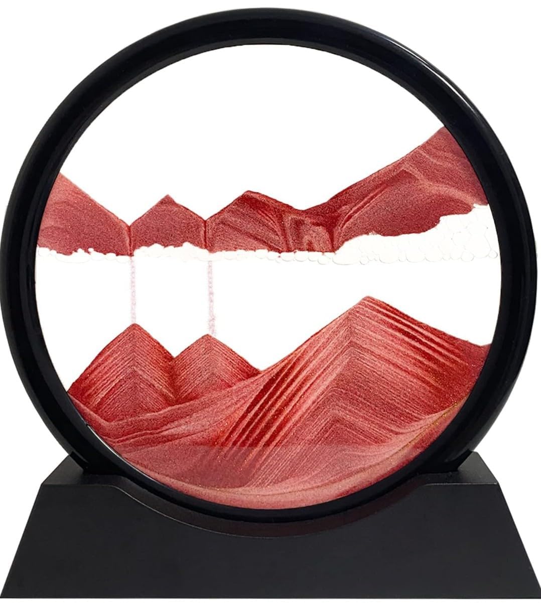 Evilia Ecom 1 Pcs 7" inch Moving Sand Art Picture Decor, 3D Deep Sea Sandscape Liquid Motion, Round Glass Frame Display Flowing Sand Relaxing Gift for Kids Adults Home Office Work Desktop (Red)