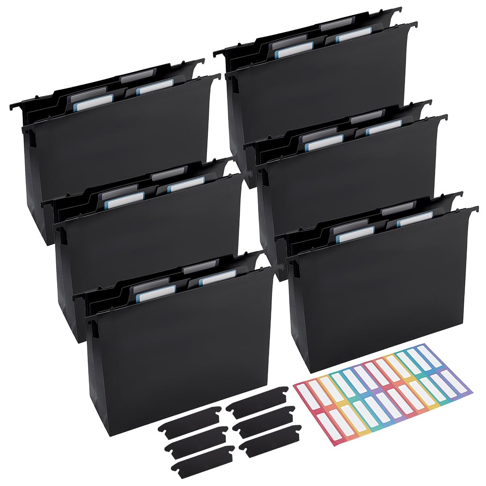 PH PandaHall 6 Pack Hanging File Folders 12 inch LP Album Dividers Black Plastic Expandable Hanging Folder for Standard Letter Size Papers Office Filing School Document Organization