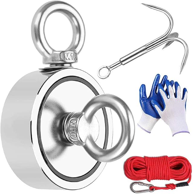 Magnet Fishing Kit 435KG Double Sided Fishing Magnet with Rope 20M Grappling Hooks Gloves Carabiner Two Eyebolt Neodymium Rare Earth Powerful Super Strong Magnet for Salvage