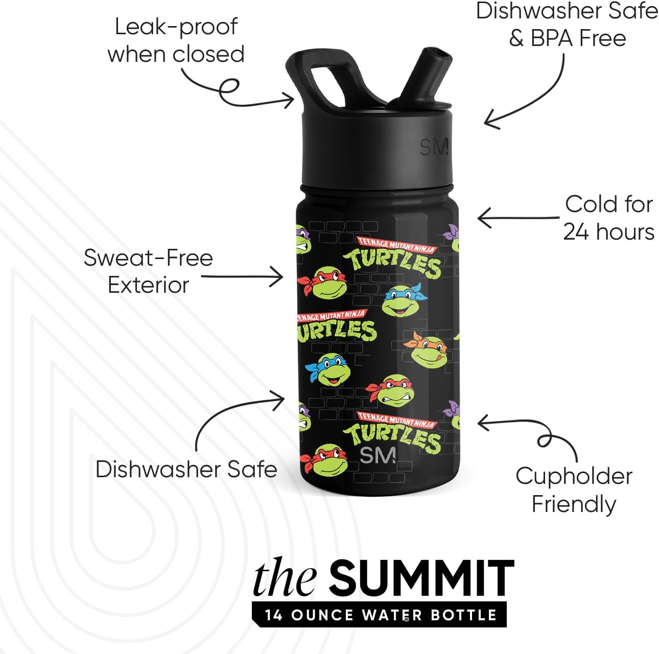 Simple Modern Kids Summit Water Bottle with Straw lid | Teenage Mutant Ninja 14oz Turtles Stainless Steel Cup Insulated Tumbler for Toddlers, Boys, School | TMNT Turtles Unite - Image 2
