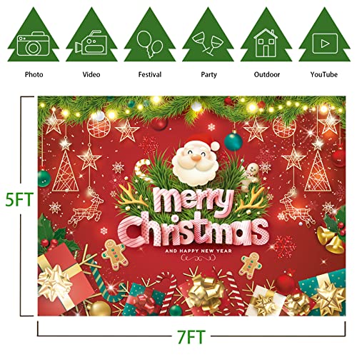 Image of 7x5FT Merry Christmas Banner - Santa Claus & Reindeer Background - Red Xmas Party Backdrop for Kids