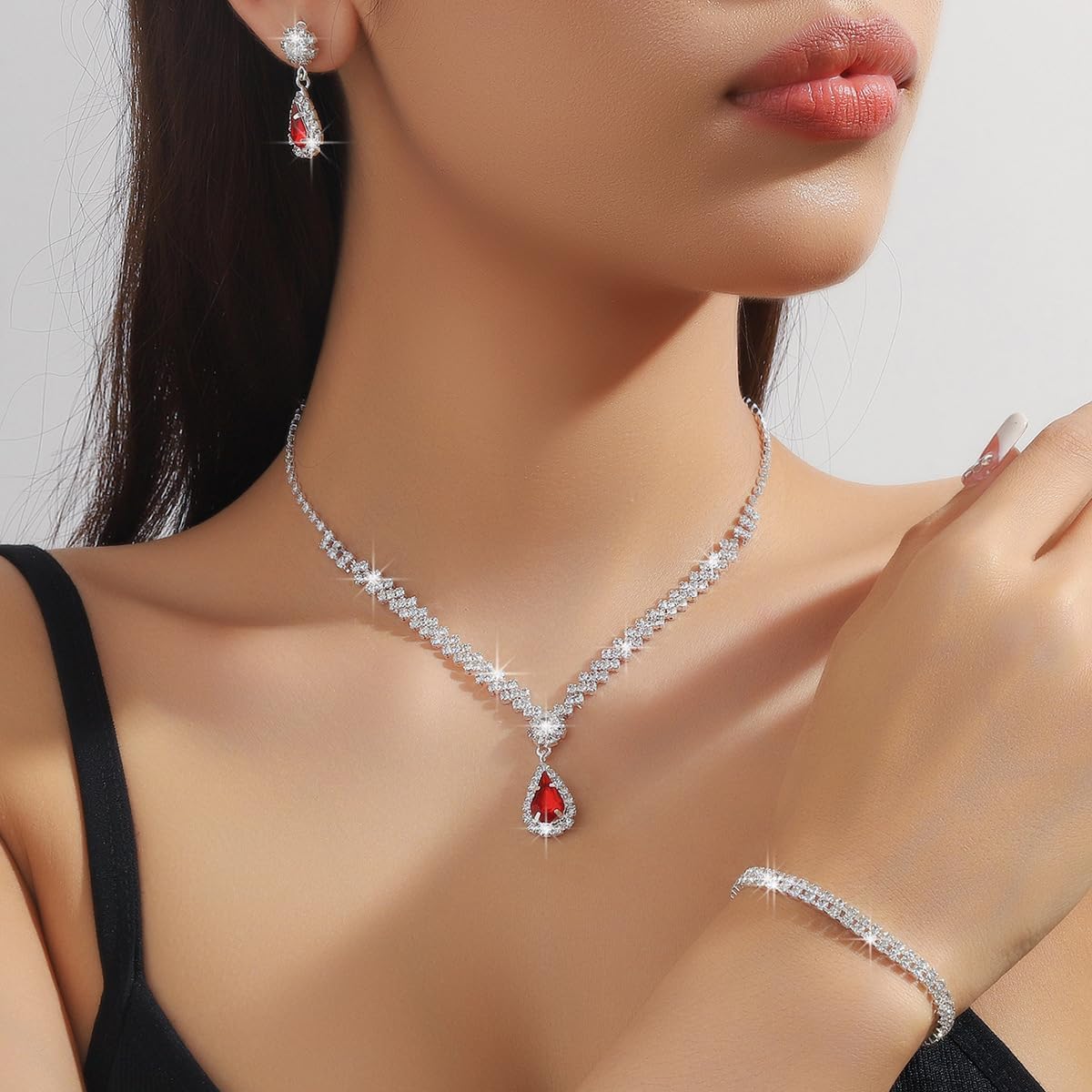 Silver Jewelry Set for Prom,Elegant Prom Jewelry Set Crystal Rhinestone Necklace Earrings Bracelet Brides Wedding Prom Dresses Costume Jewelry Accessories for Women - Image 2