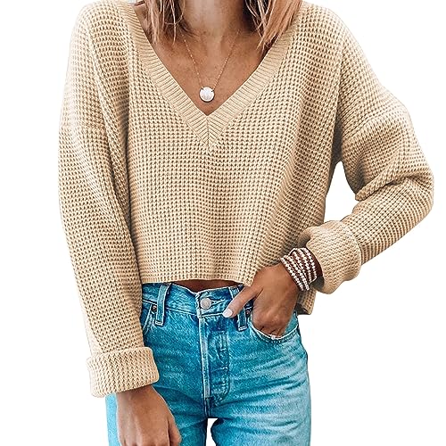 Image of Women's V Neck Waffle Knit Cropped Top Long Sleeve Thick Pullover Crop Sweater