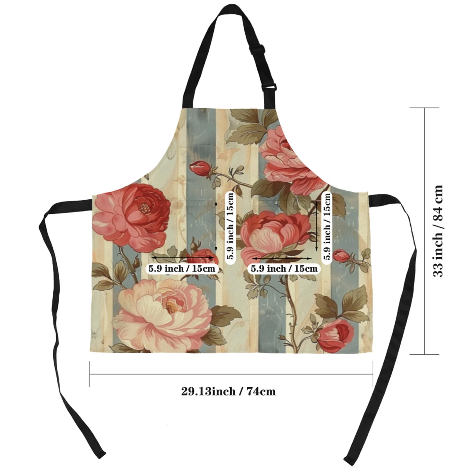 Aglebo Rose Vintage Vertical Stripe Chef Apron with Pockets Adjustable Shoulder Strap Waterproof Cooking Apron for Kitchen Baking Gardening Pottery Painting