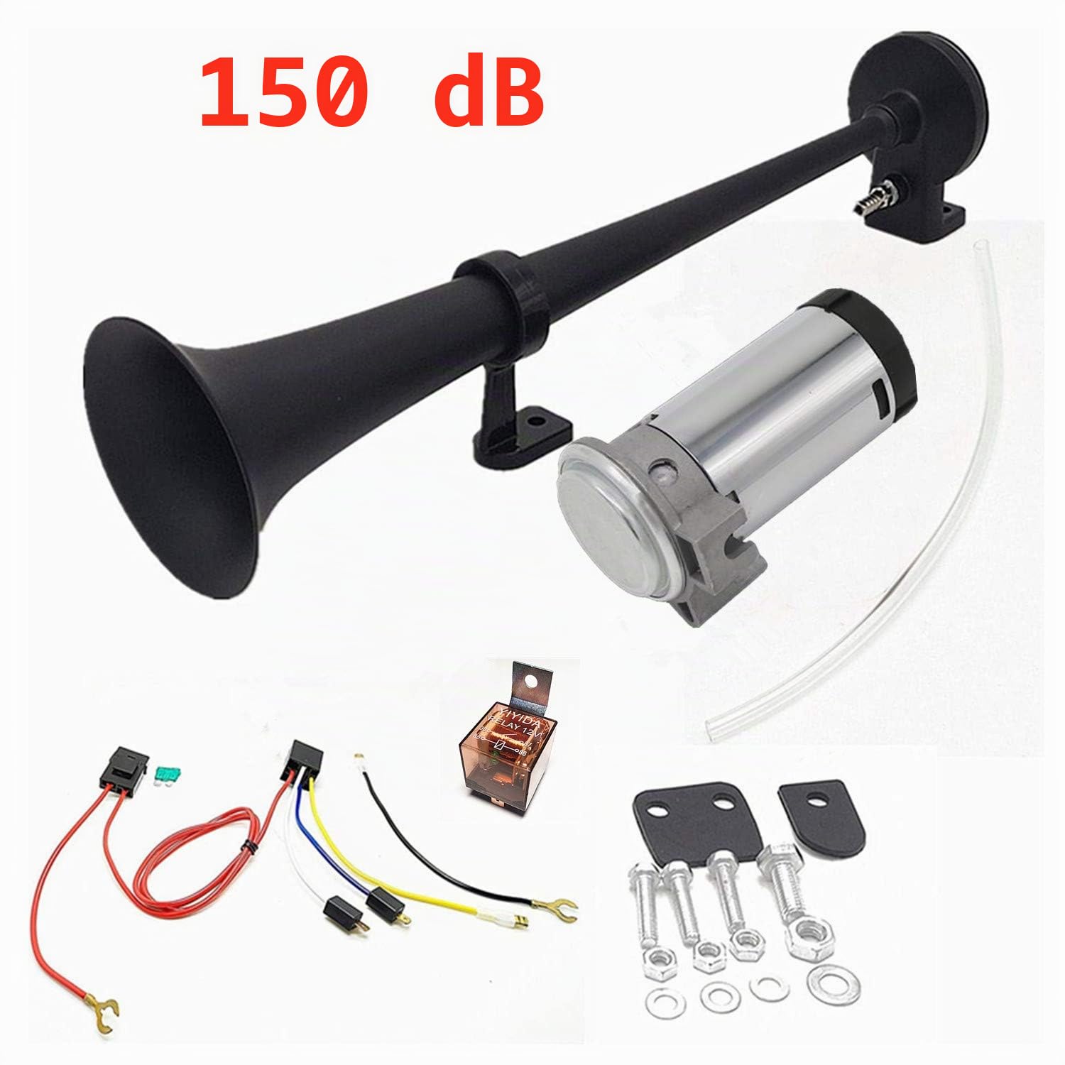Klaxon de Voiture Car Horn150DB Klaxon électrique 450mm Corne de l'air Chromé Zinc Noir Haut-Parleur Avec Compresseur Pompe à air pour Tout véhicule Président 12V Camion Van Moto Bateau etc