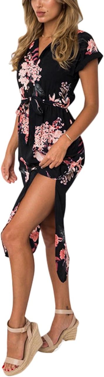 KBOOK Women's Casual V Neck Geometric Pattern Floral Print Club Cocktail Belted Pencil Dress