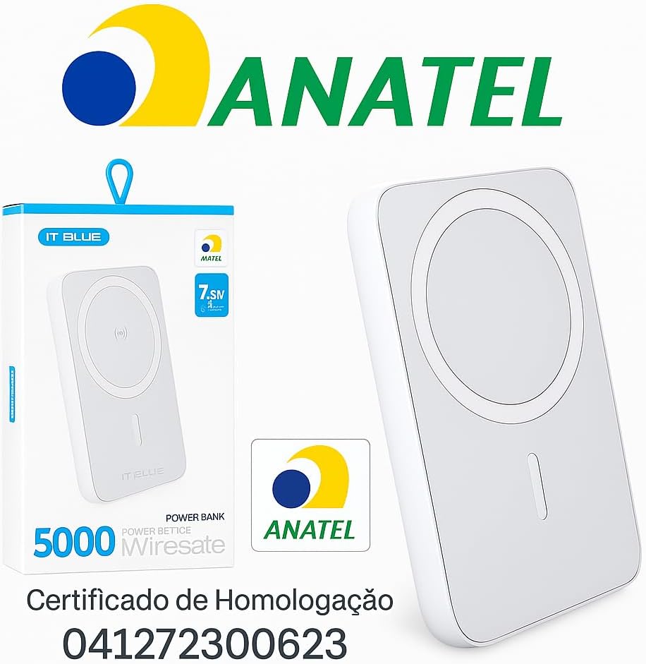 Power Bank Indução 5.000mAh Turbo, Carregador Portátil Magnético, Carregamento Ultra Rápido, Leve e Compacto, Compatível Com Todo Celular Com Carregamento Mag - Linha Premium - Branco