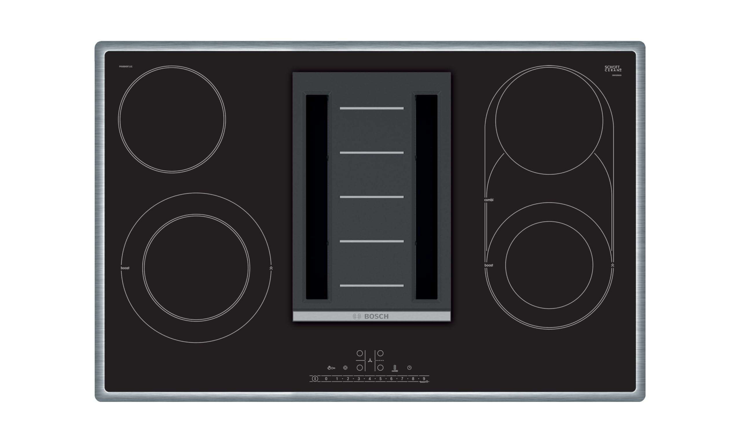 Bosch PKM845F11E Serie 6 Glaskeramik-Kochfeld mit Dunstabzug (autark), 80 cm breit, CombiZone Kombination zweier Kochzonen, PowerBoost schnelleres Kochen, DirectSelect intuitive Bedienung