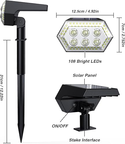 Miniatura 3 de Focos solares para exteriores, 108 luces LED superbrillantes para paisajismo, IP65 impermeables con 4 modos, luces de jardín alimentadas por energía