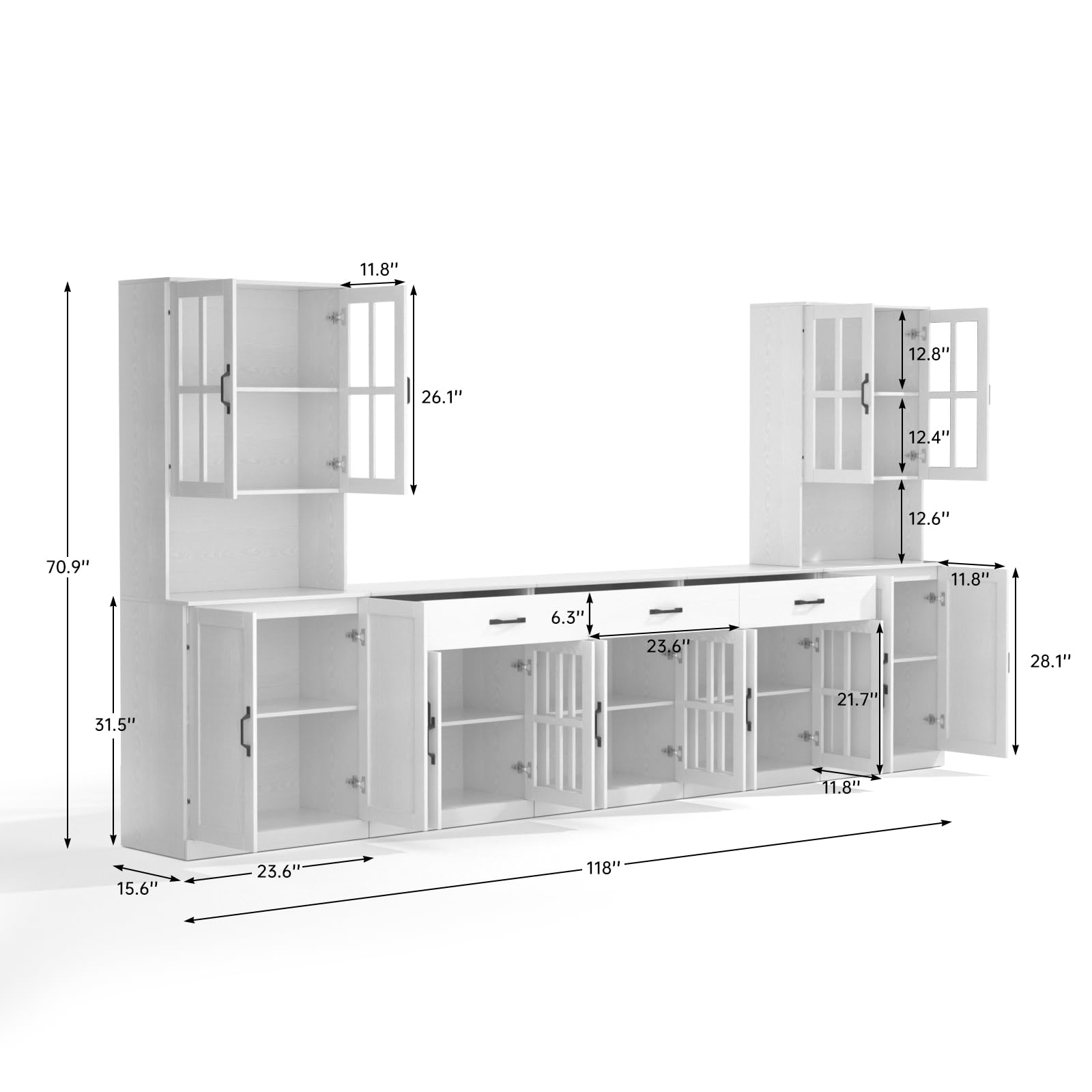 VOWNER Modularer 5PSC TV-Schrank, Fernsehschrank mit Glastüren & Bücherregalen für TV bis 75 Zoll, TV Ständer, Wohnzimmerschrank mit Kontrollfläche, 300 x 180 x 40 cm, weiß (5PCS)