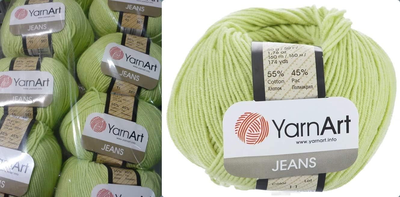 8 Skeins YarnArt Jeans 55% Cotton 45% Acrylic Yarn Blend Thread Crochet Hand Knitting Art Lot of 8skn 400 gr 1392 yds Color (11-Light Green)