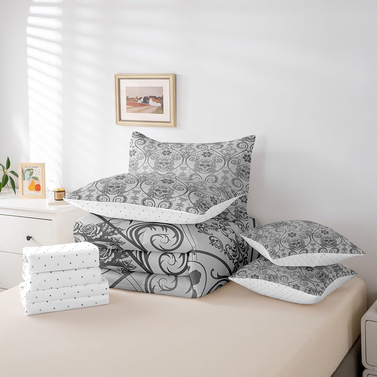 Feelyou Boho Damask Comforter Set 7-Piece - Gothic Vintage Floral Bedding, Twin/Queen/King Sizes - View #9