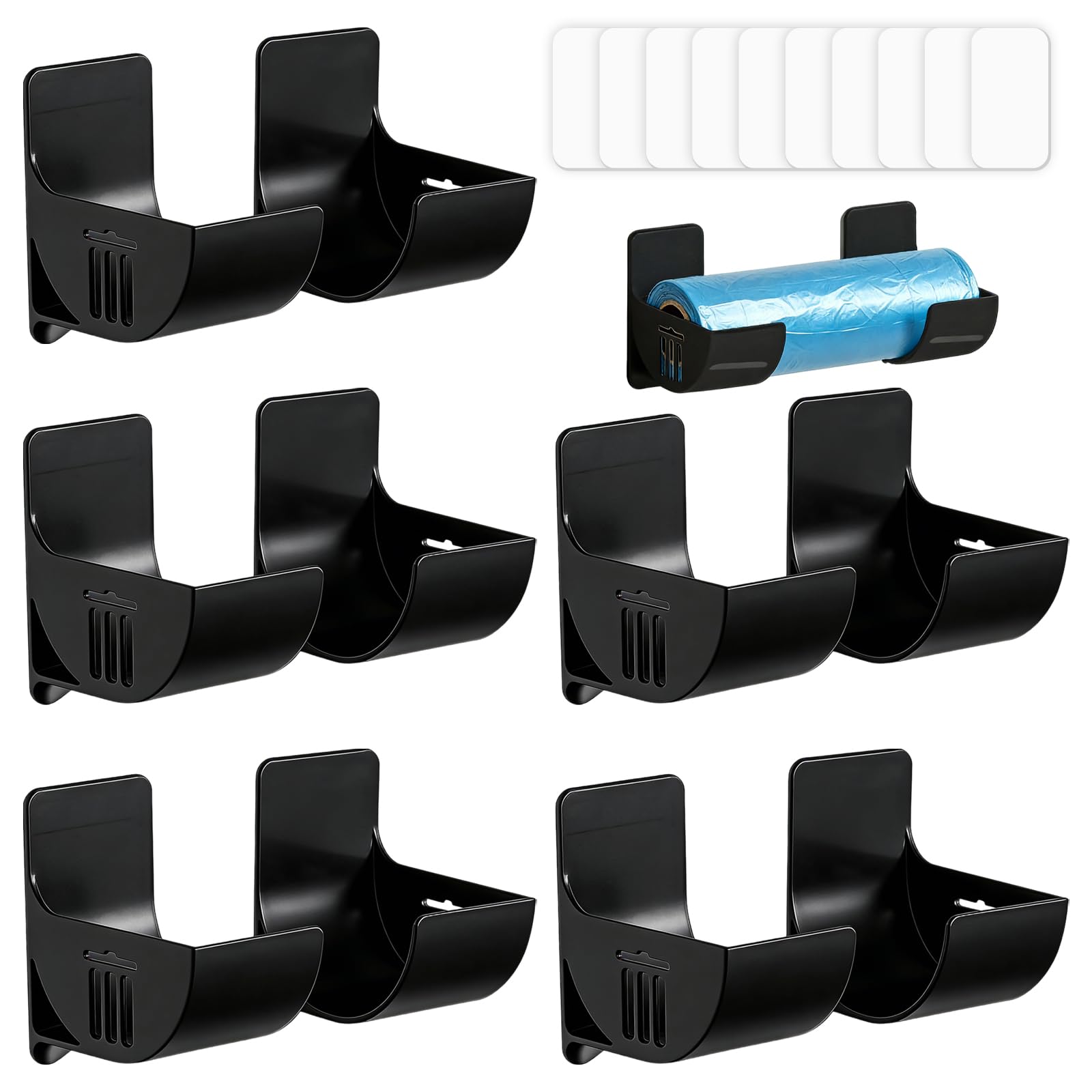 Flhlxzm 5 Pairs Bin Bag Holder, Self-Adhesive Wall Mounted Plastic Bag Holders No Punching Garbage Bags Dispenser Garbage Storage Rack for Tin Foil Cling Film Trash Bags (Black)