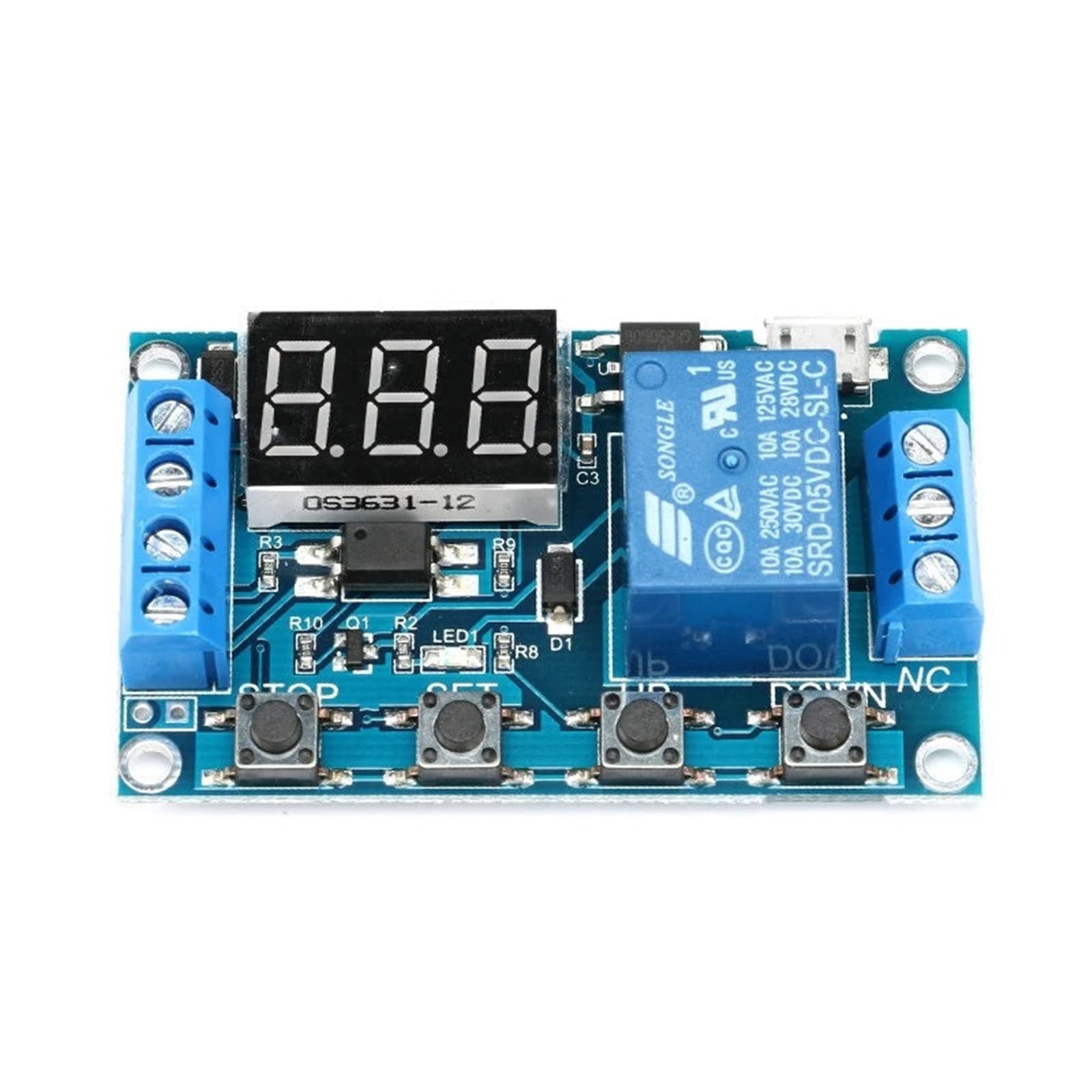 DC 6-30 V, obsługuje Micro-USB 5, wyświetlacz LED, timer opóźnienia w cyklu automatyzacji, sterowanie wyłącznikiem, przekaźnik czasu opóźnienia 6, 9, 12, 24 (niebieski przekaźnik)