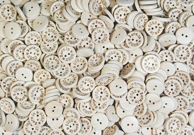 celloexpress Natural Wooden Buttons with Patterns & Quotes - Sewing Crafting Decorative Prints Crafts - 15mm Born in 2020 (Pack of 50) โ image 1