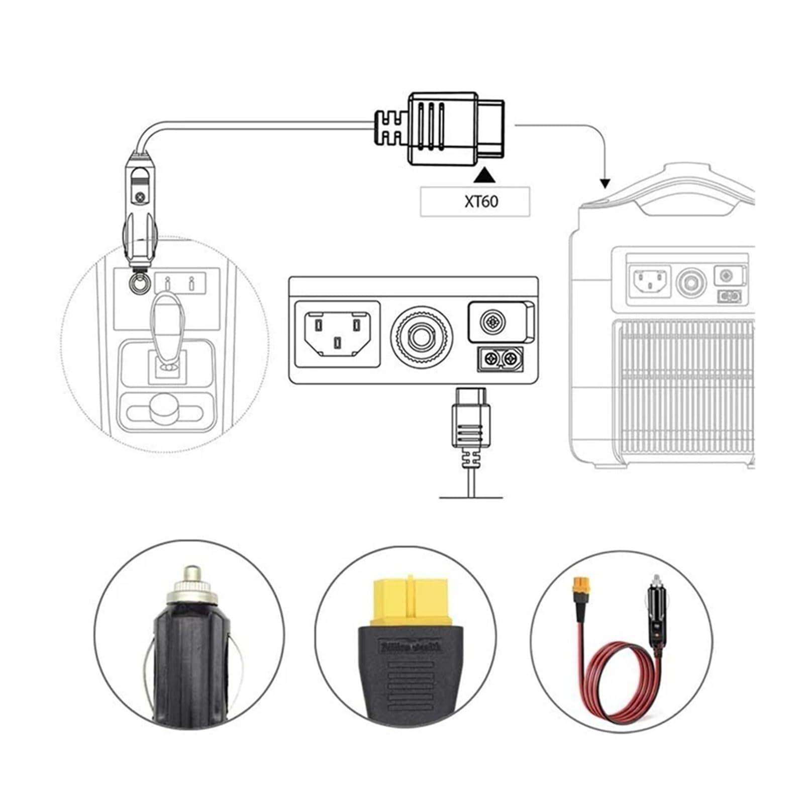 Cigarette Lighter to XT60 kabel do ładowania 12 V/24 V do EcoFlow Bluetti Anker ALLPOWERS Power Station 14AWG