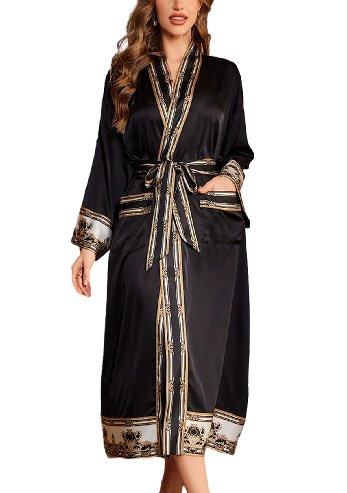 Daiwor Kout Silk Satin Robe for Women Long Kimono Robe Lightweight Floral Trim Bathrobe Luxury House Robes with Pockets