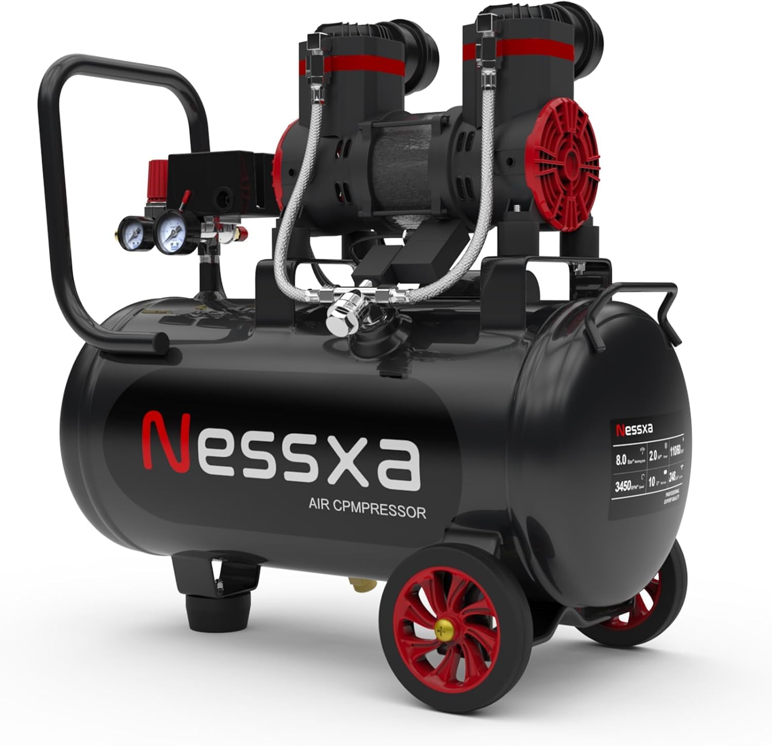 Nessxa 10 Gallon Ultra Quiet Air Compressor, 2HP 3.45 CFM@ 115PSI Oil-Free Air Compressor Tank, 110V/60hz, 70dB Air Compressor for Car Repair, Spray Painting, Woodwork Nailing