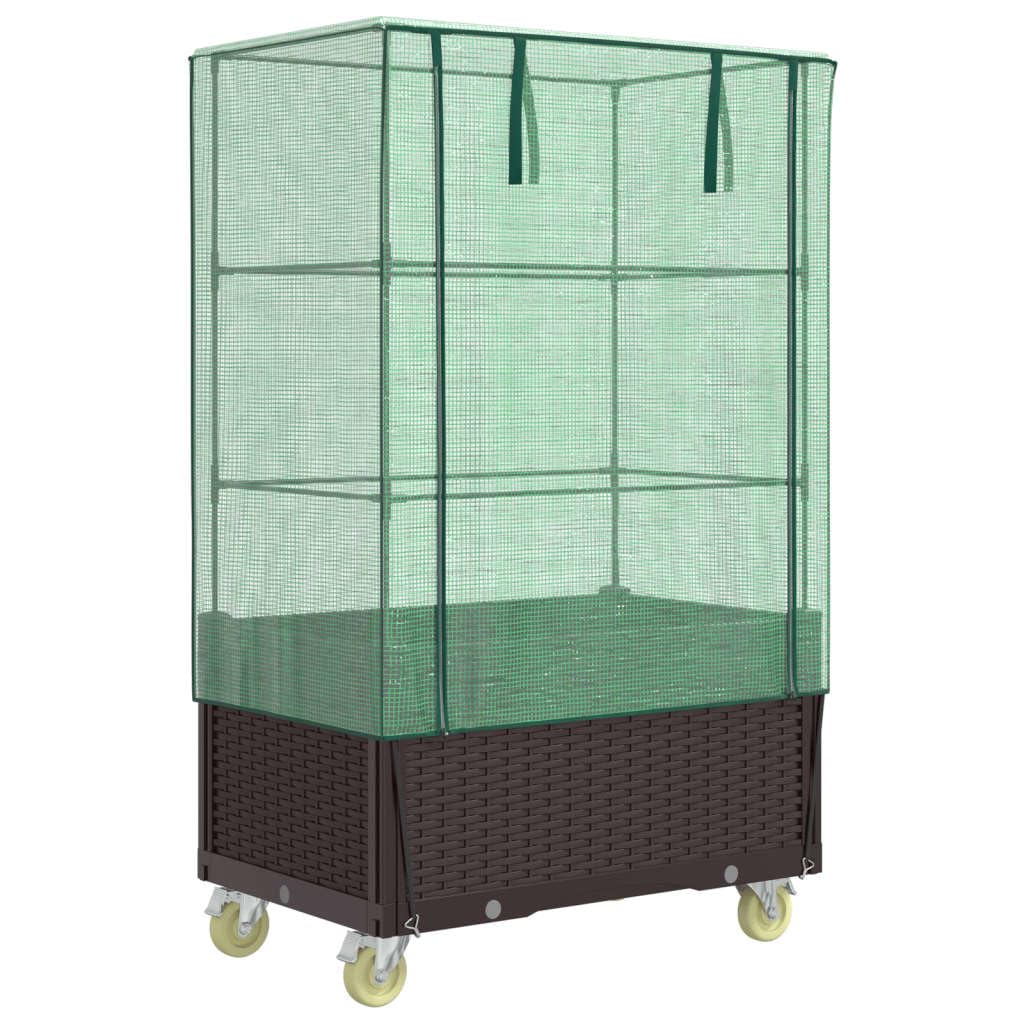 Aiuola rialzata con serra e ruote, effetto rattan