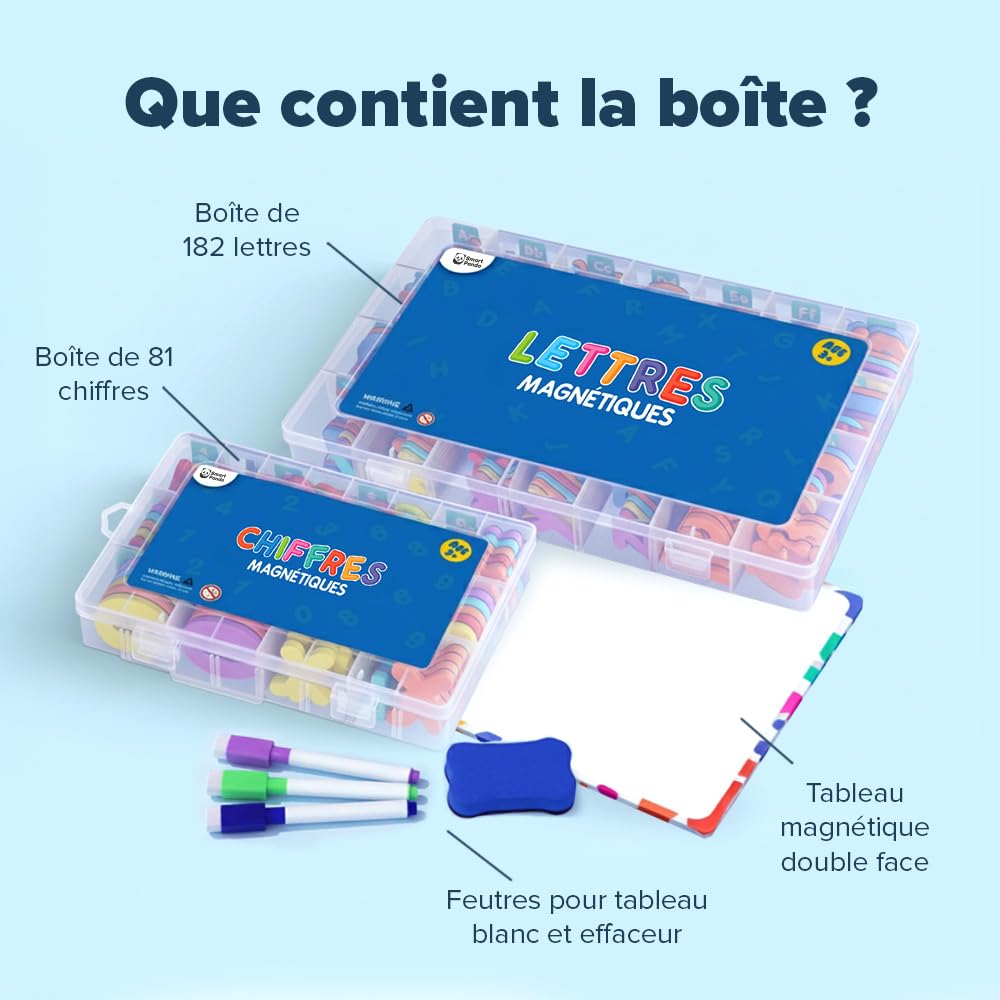 Smart Panda Lettres et Chiffres Magnétiques pour Enfants – 182 Lettres, 81 Numéros et Symboles – Aimants pour Enfants – Deux Boîtes, Un Tableau Magnétique, des Marqueurs et Une Brosse