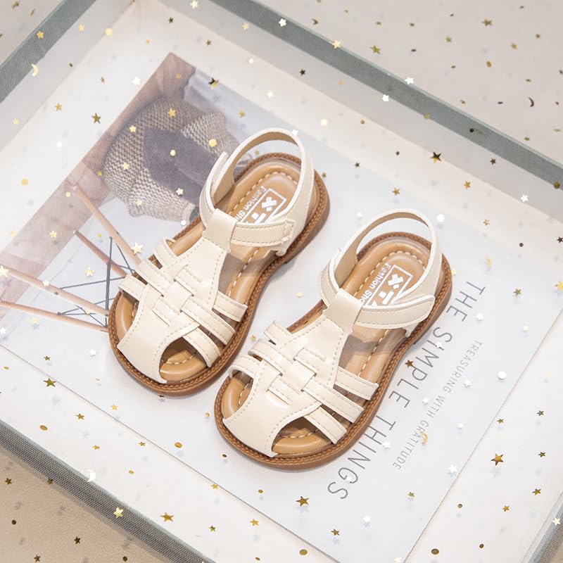 Girls Summer Sandals, Woven Strappy Design, Beige with Brown Sole, Hook and Loop Closure2