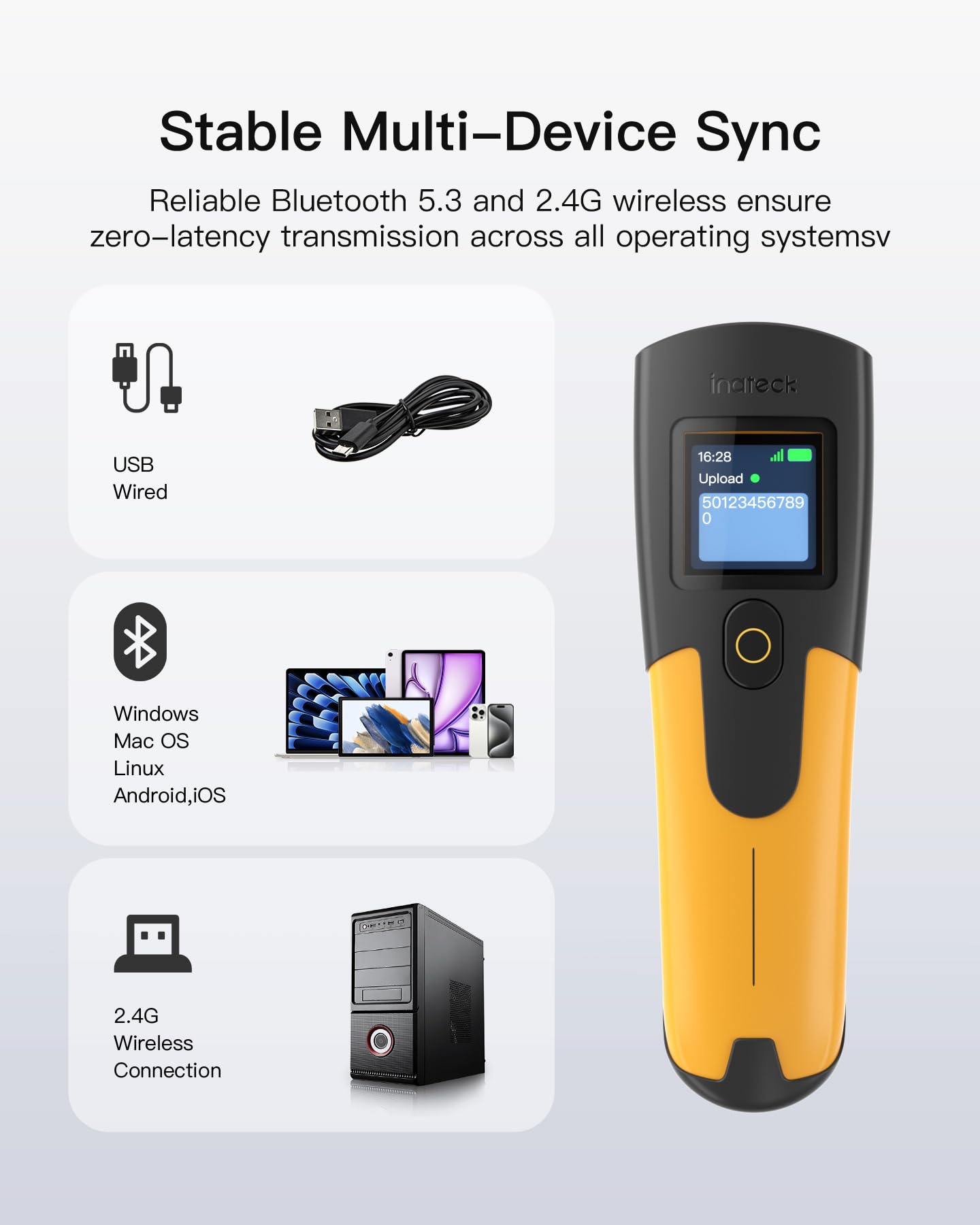 Inateck Barcode Scanner Kabellos 1D 2D, 2600 mAh, Bluetooth & USB & 2.4G Wireless, für PC Tablet Android iOS POS
