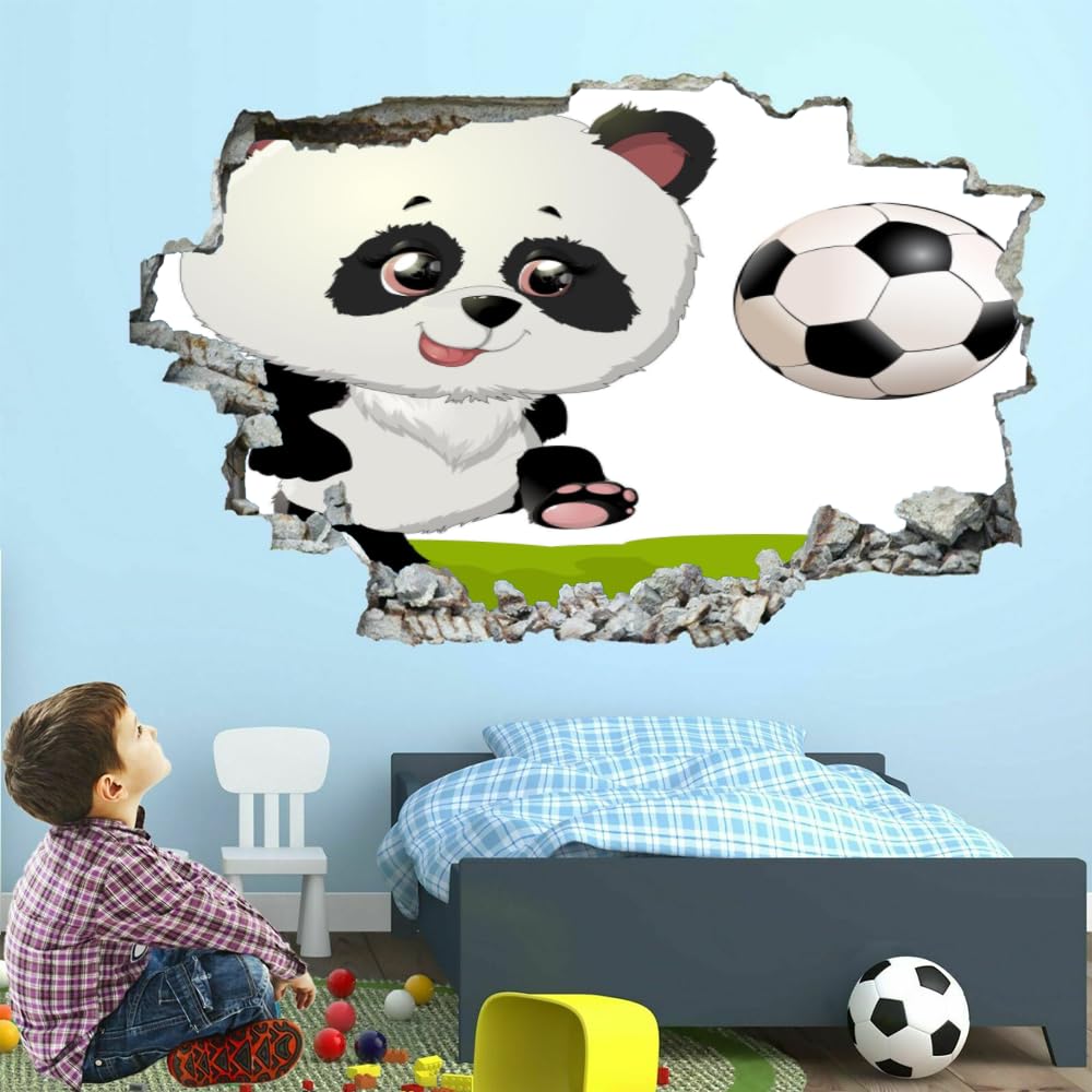 Adesivi Murali Murales Fracassati 3D Panda Decalcomanie Per Pavimenti In Impermeabile Art Calcio Per La Camera Da Letto, La Decorazione Della Parete Della Scuola Materna 120x80cm