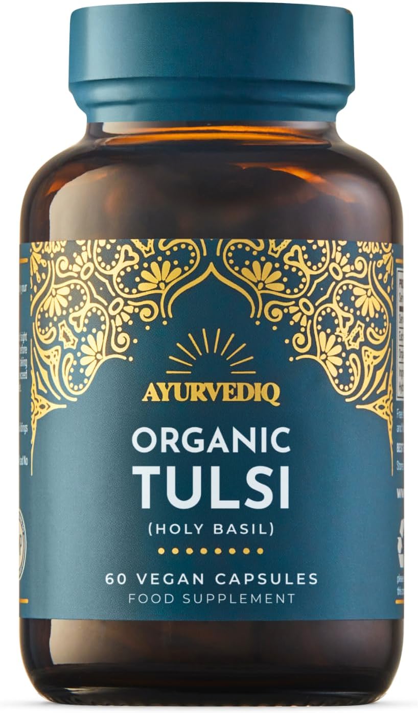Ayurvediq Organic Tulsi Holy Basil 500mg, 60 Vegan Capsules | Ocimum Sanctum, Whole Leaf Powder, Soil Association Certified, Karnataka Grown, Amber Glass Bottle, No Fillers