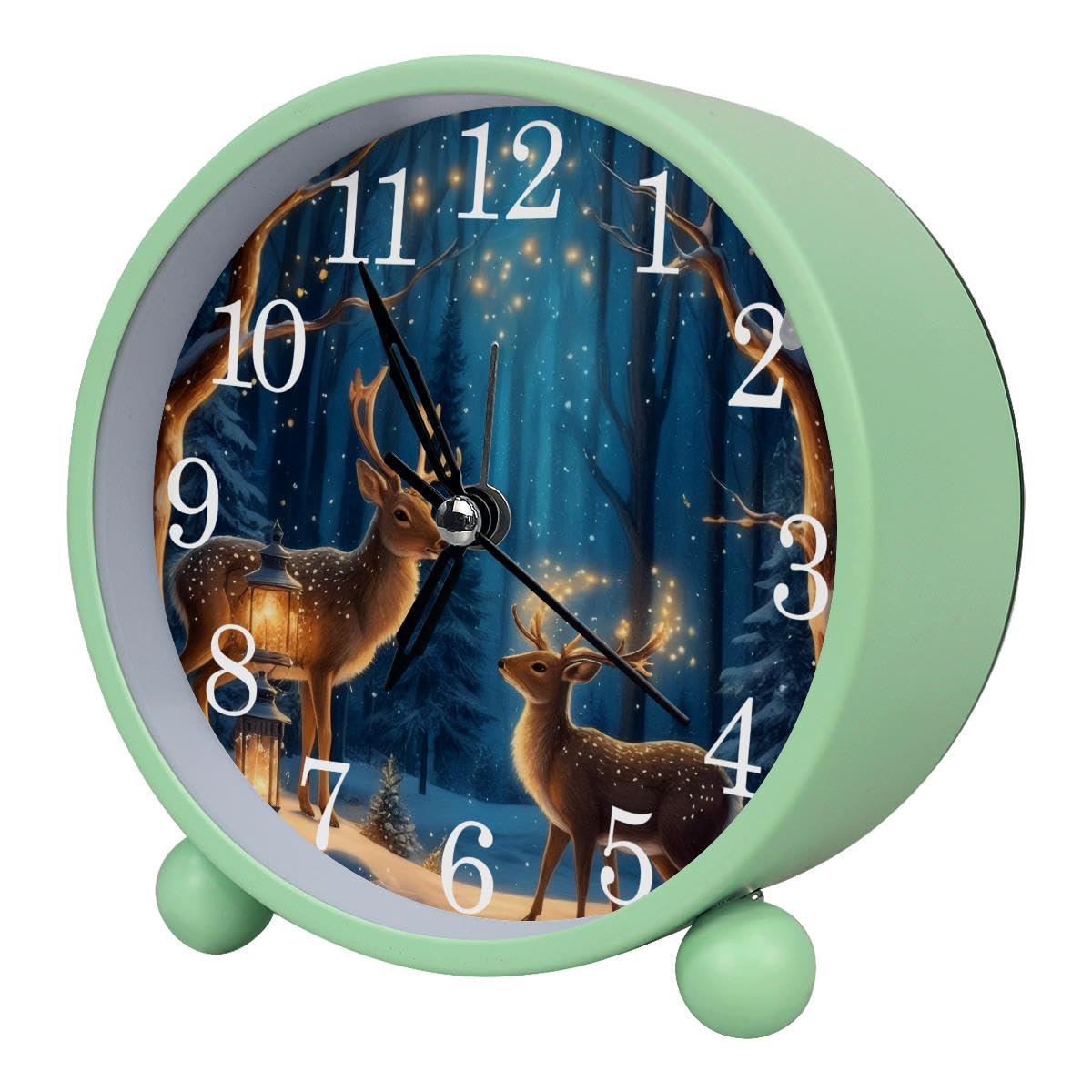 Luoweisi Alarm Clock Reindeer Starry Night Nature Forest, Silent Non-Ticking with Night Light, Round Metal Alarm Clock for Office, Battery Operated, Bedroom, Elderly, Adults, Children, Student Gifts
