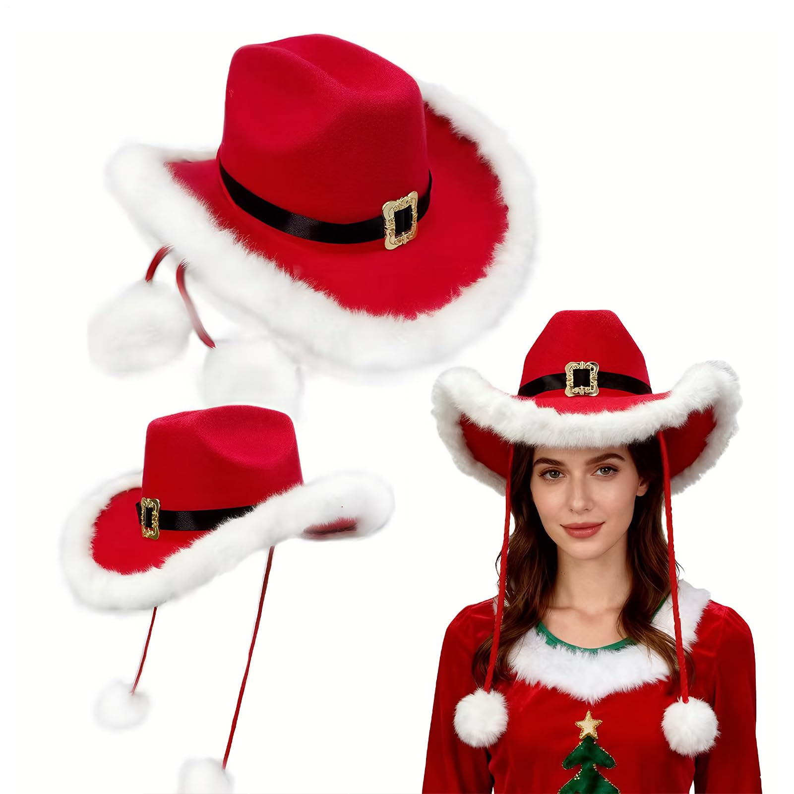 Sombrero De Rojo Gorro con Diseño de Pompones | Gorros De Santa Para Adultos Con Borde De Peluche Blanco Para Niñas Y Adultas Disfraces Navideños Accesorios Fotos Actuación