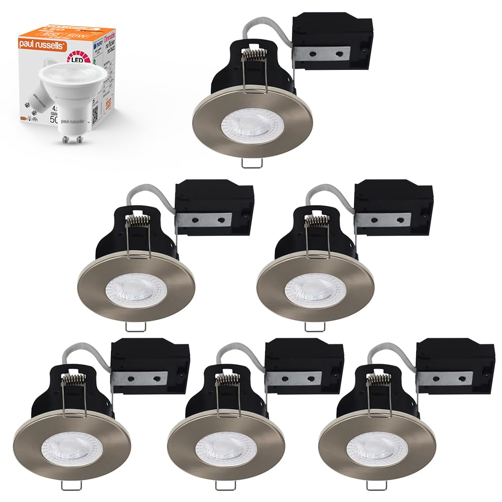 paul russells Dimmable LED Downlights Recessed Ceiling Lights, Fire Rated GU10 Spotlights Can, 65-70mm, IP65, 4.5W = 50W Equivalent, Satin Nickel Bezel, Include 6500K Daylight White Bulb, 6 Packs