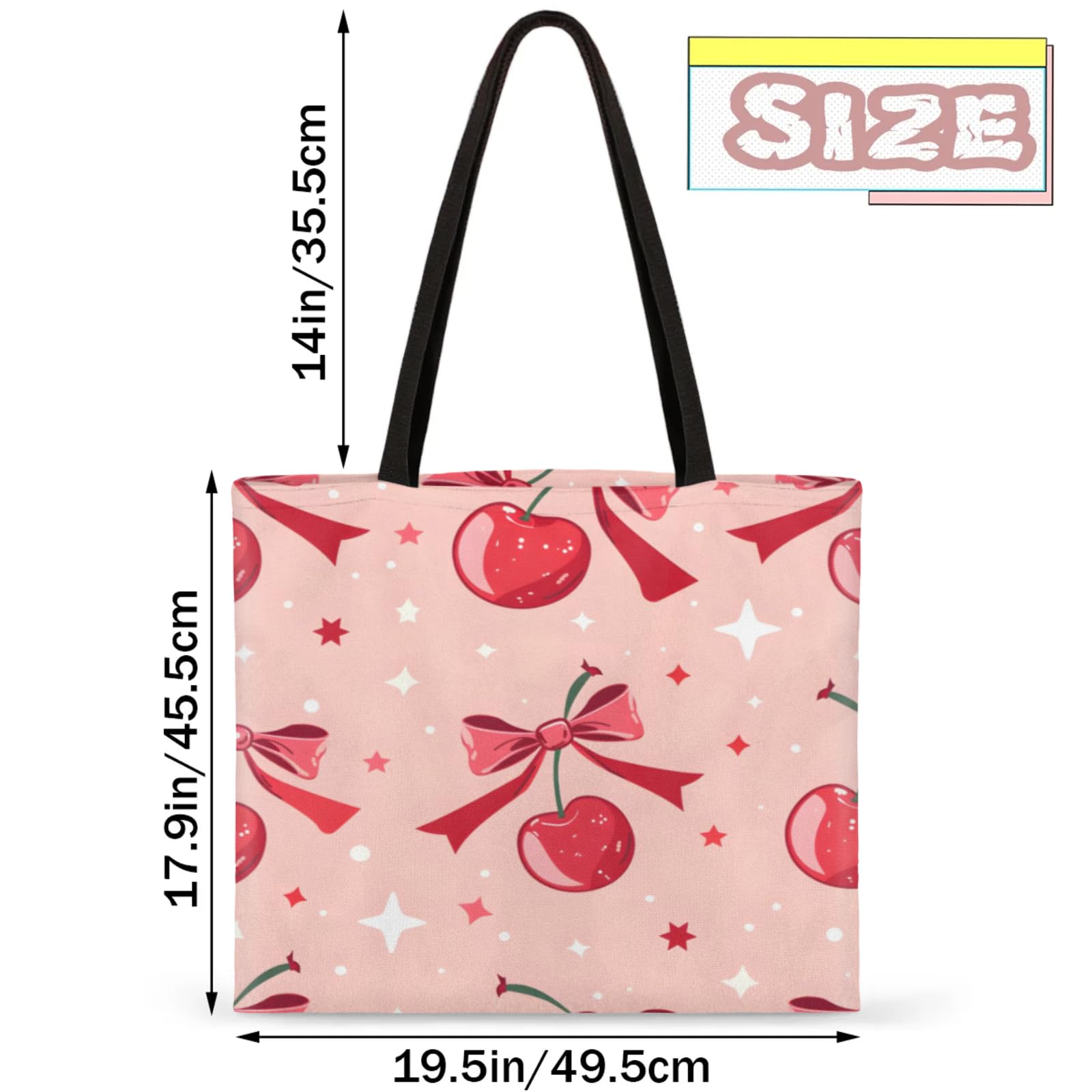 Mularoka Stars Cherries Square Canvas Tote Bag Top Handle Purses Stylish Women Canvas Shoulder Tote Bags Reusable Handbags for Work Travel Picnic Beach Shopping Gym Hiking