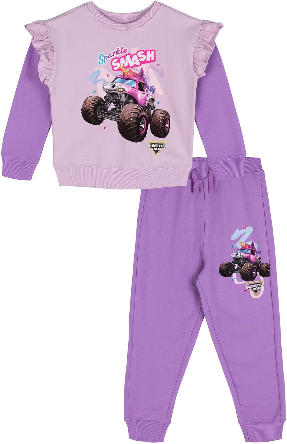 Monster Jam Girls Fleece Pullover Sweatshirt and Jogger Pants Outfit Set Toddler to Big Kid Sparkle Smash