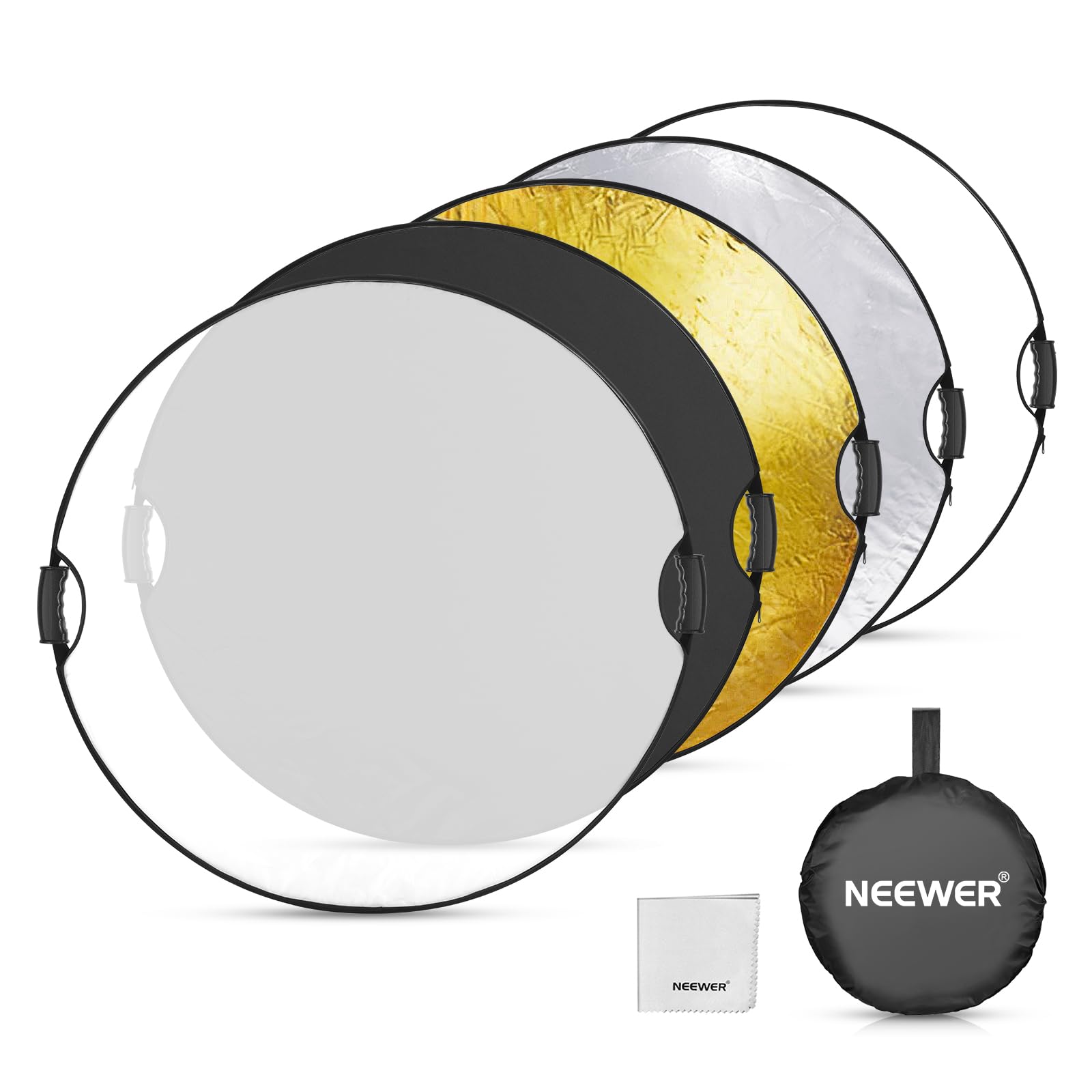 NEEWER 80cm Réflecteur de Lumière,Diffuseur de Lumière Multi-disques Pliable 5 en 1,Translucide/Argenté/Doré/Blanc/Noir,avec Poignées,Filetage 3/8"et Chiffon Nettoyage pour éclairage Extérieur,RF-80II
