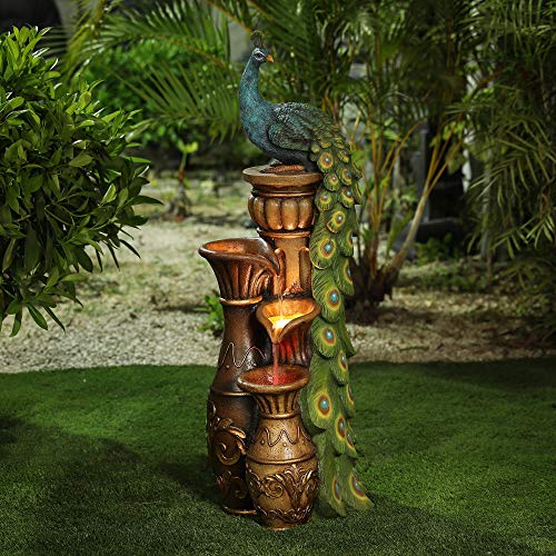 Luxenhome Outdoor Water Fountains, 44" Resin Pedestal Peacock And Urns Garden Water Fountain Outdoor With Led Light, Tall Fountains Outdoor For Garden Patio And Backyard, Brown/Teal Peacock Fountain #TOP1