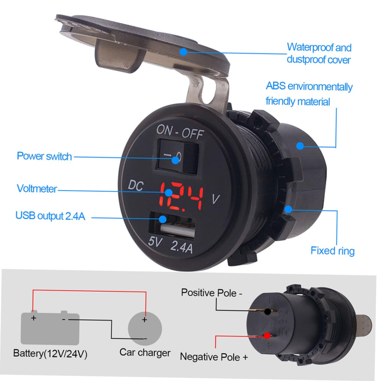 OSALADI 2pezzi Caricatore Usb Da Auto Con Display Digitale e Interruttore off Per Smartphone e Tablet Adatto e Veicoli Elettrici Lucciola Rossa