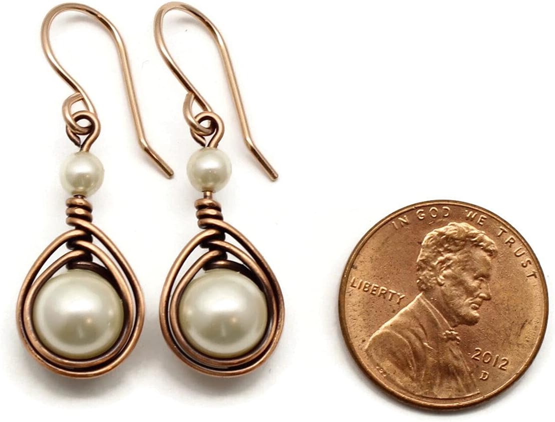 Pillar of Salt Studio Handcrafted Copper Earrings with Simulated Pearl and Rose Gold-filled Ear wires (Antiqued Copper, 1" drop, Cream)