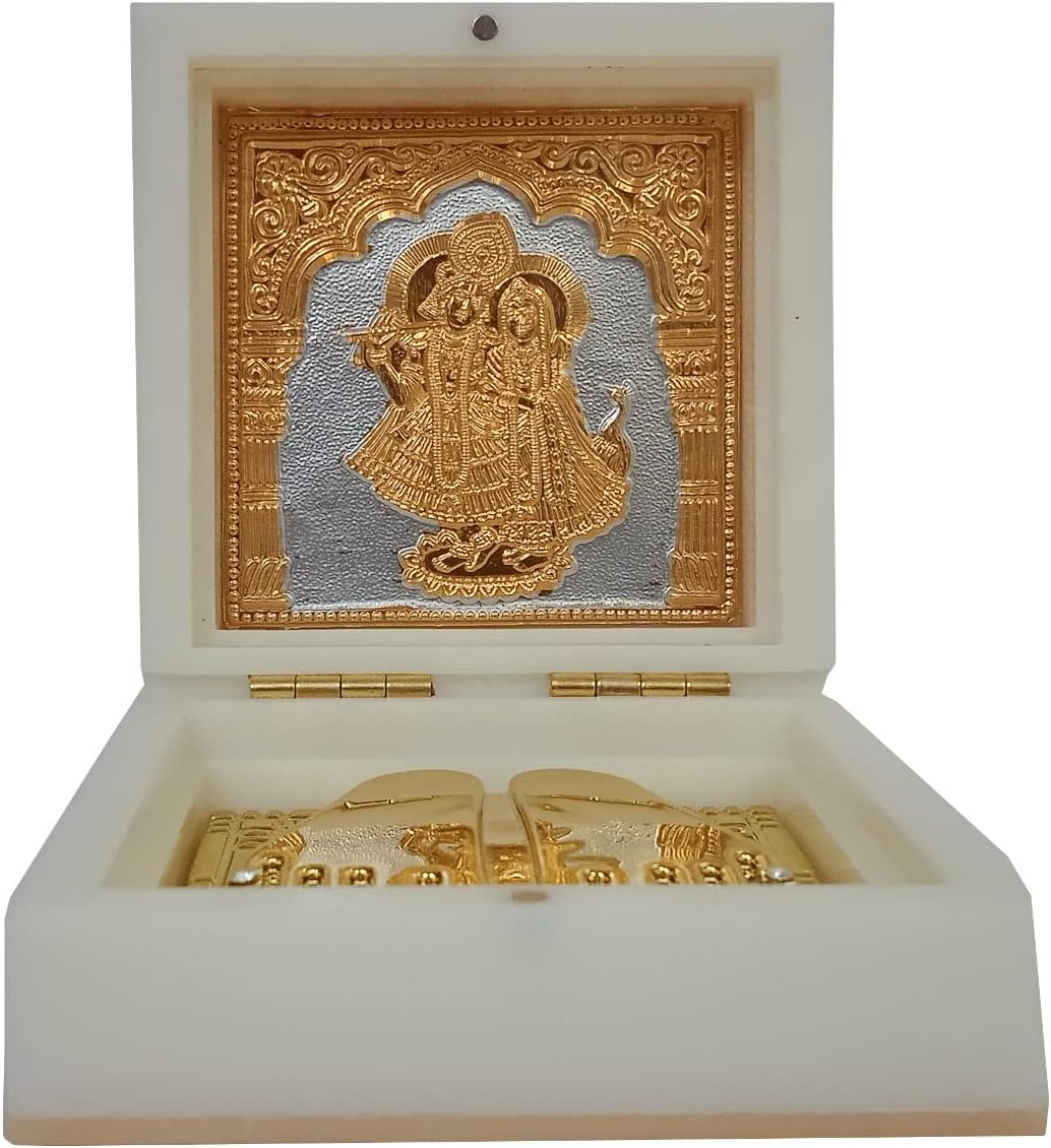 Purpledip Resin Puja Gift Box: Radha Krishna With Golden Feet Paduka For Travel Or Gifting (12394D)