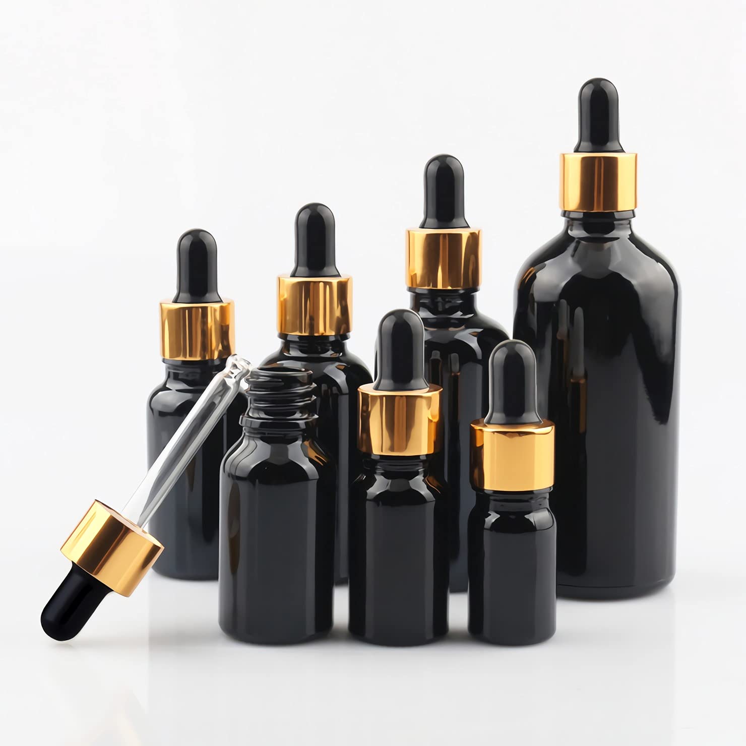 24 Piezas Negro Frasco Cuentagotas Cristal 100ml, Botellas Cuentagotas Vacío con Pipeta de Vidrio Oro/Negro, para Fragancias de Arorapia de Aceites Esenciales, Masaje, Viaje