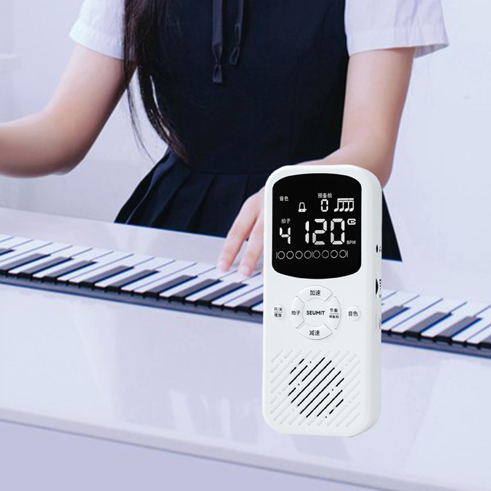 Metronomo Elettronico Digitale Portatile con Display Retroilluminato, Volume Regolabile, Suoni Elettronici E Meccanici, Connessione di Tipo C, Consigl, Bianco