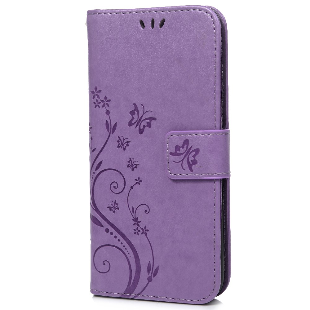 Samsung Galaxy J6 Case 2018 Premium J6 Phone Case PU Leather Flip Butterfly and Flower Embossed Case Protective Cover for Samsung Galaxy J6 2018 with [Kickstand] Card Holder & One Touch Pen, Violet