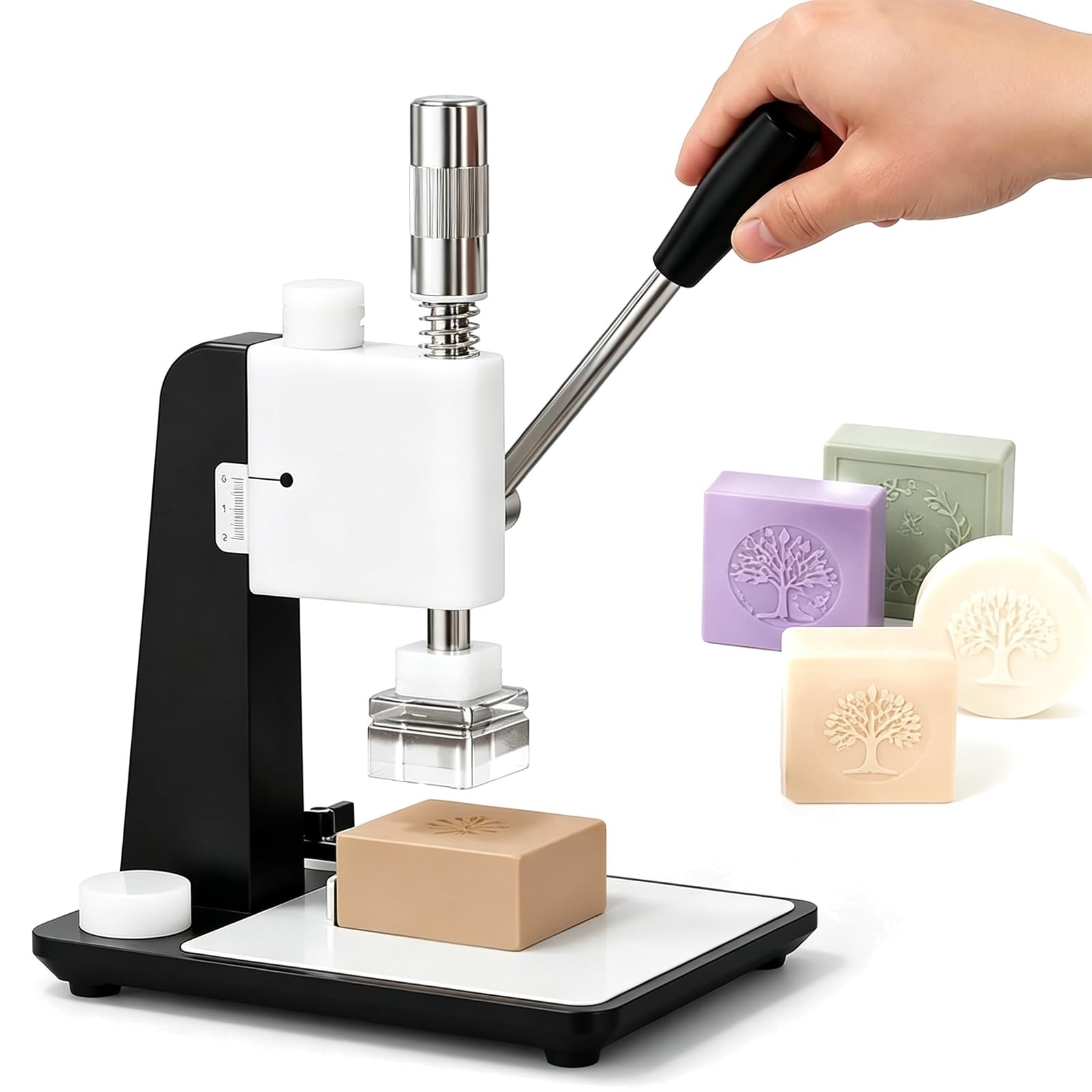 Máquina Manual para Estampar Jabón, Herramienta Artesanal para Repujar Jabón, Diseño con Mesa De Posicionamiento, Control De Profundidad De Precisión, Cabezales De Presión Reemplazables