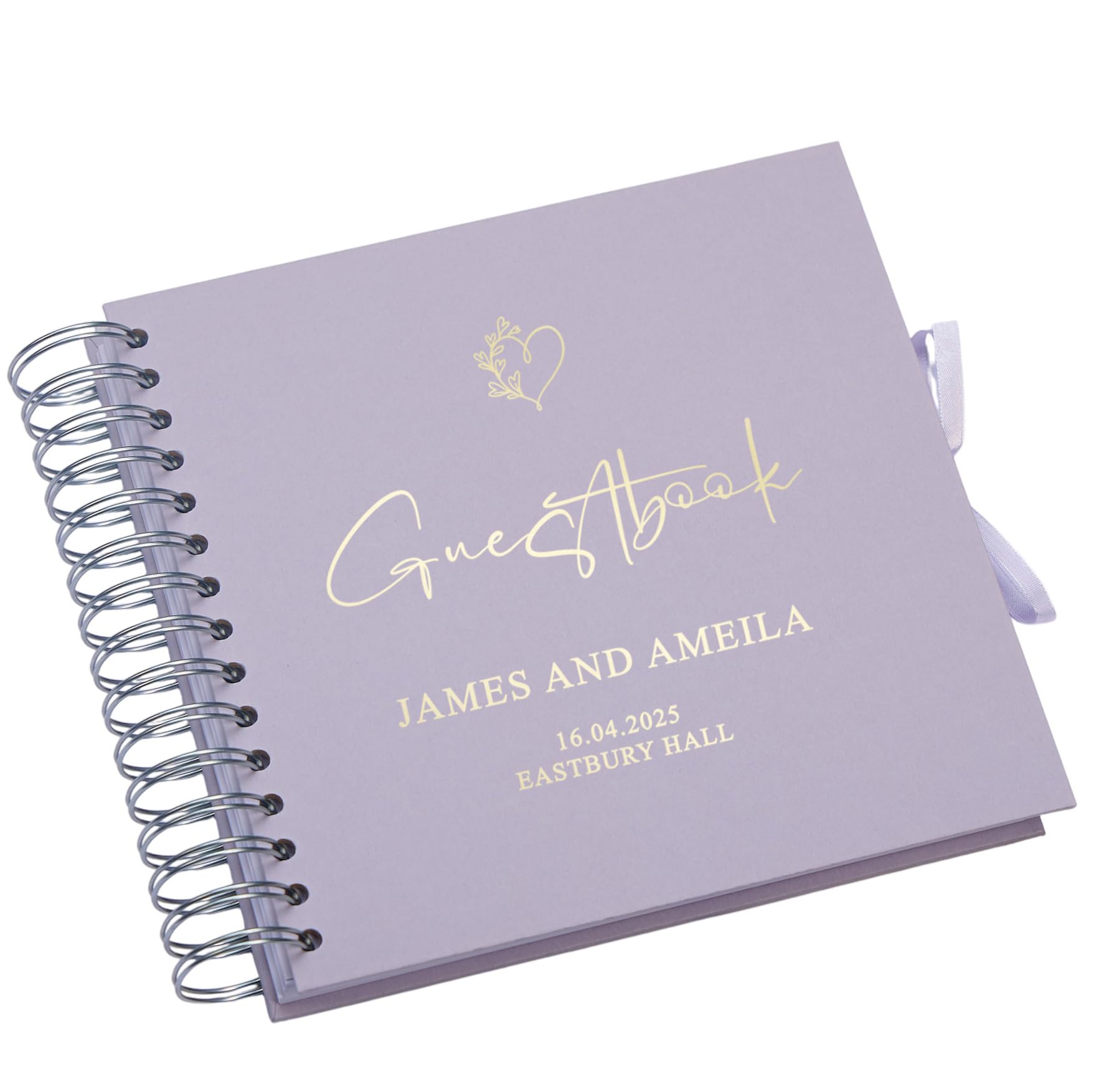 Personalised Wedding Guestbook with Delicate Heart Foil Design, 20.3 x 20.3 cm, Spiral Binding, Multiple Colours (Lilac)