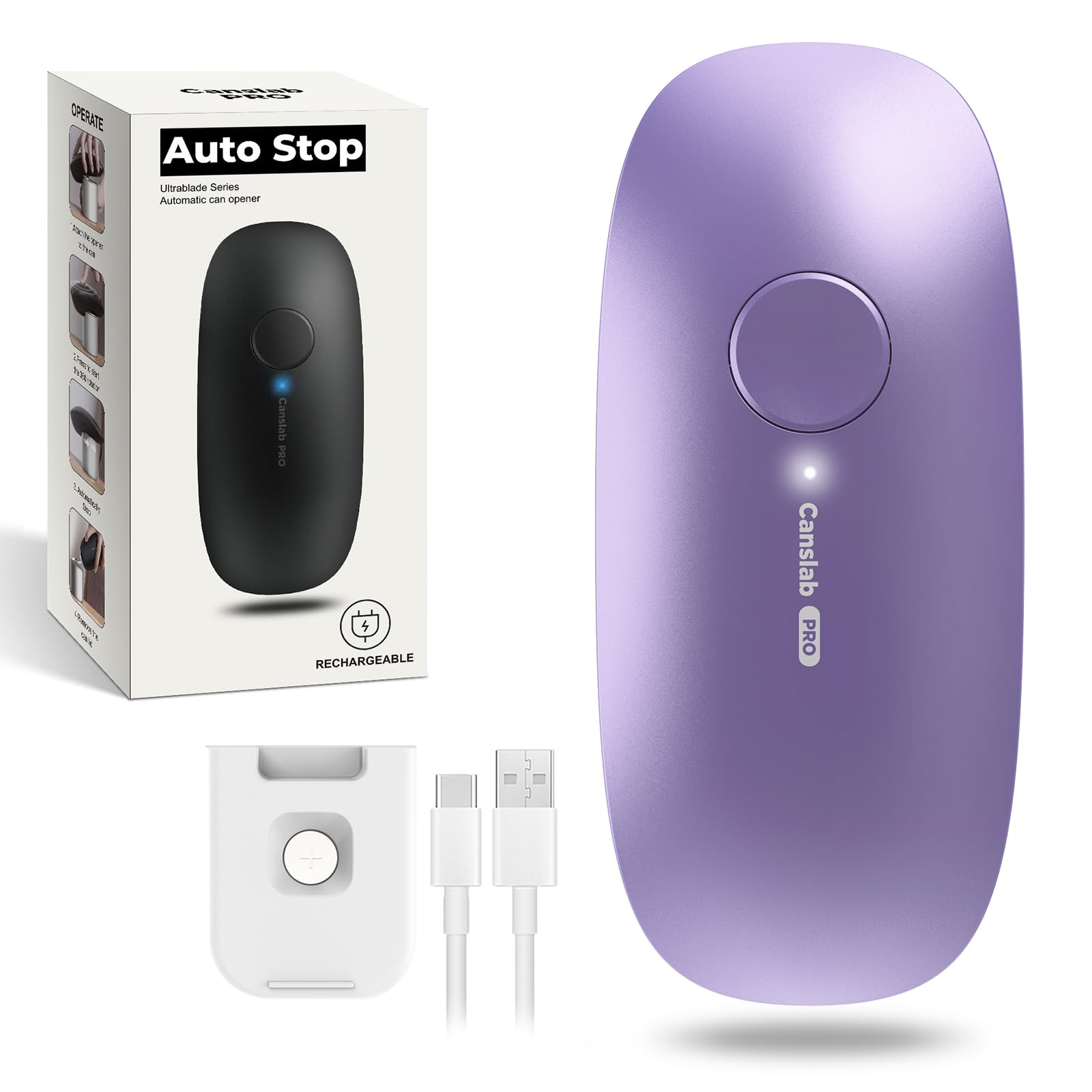 Canslab Ultrablade PRO Auto Stop Can Opener - Rechargeable Electric Can Opener for Kitchen for Seniors with Arthritis - One Touch Side Cut Opener, Smooth Edge, Lilac Product Image 1