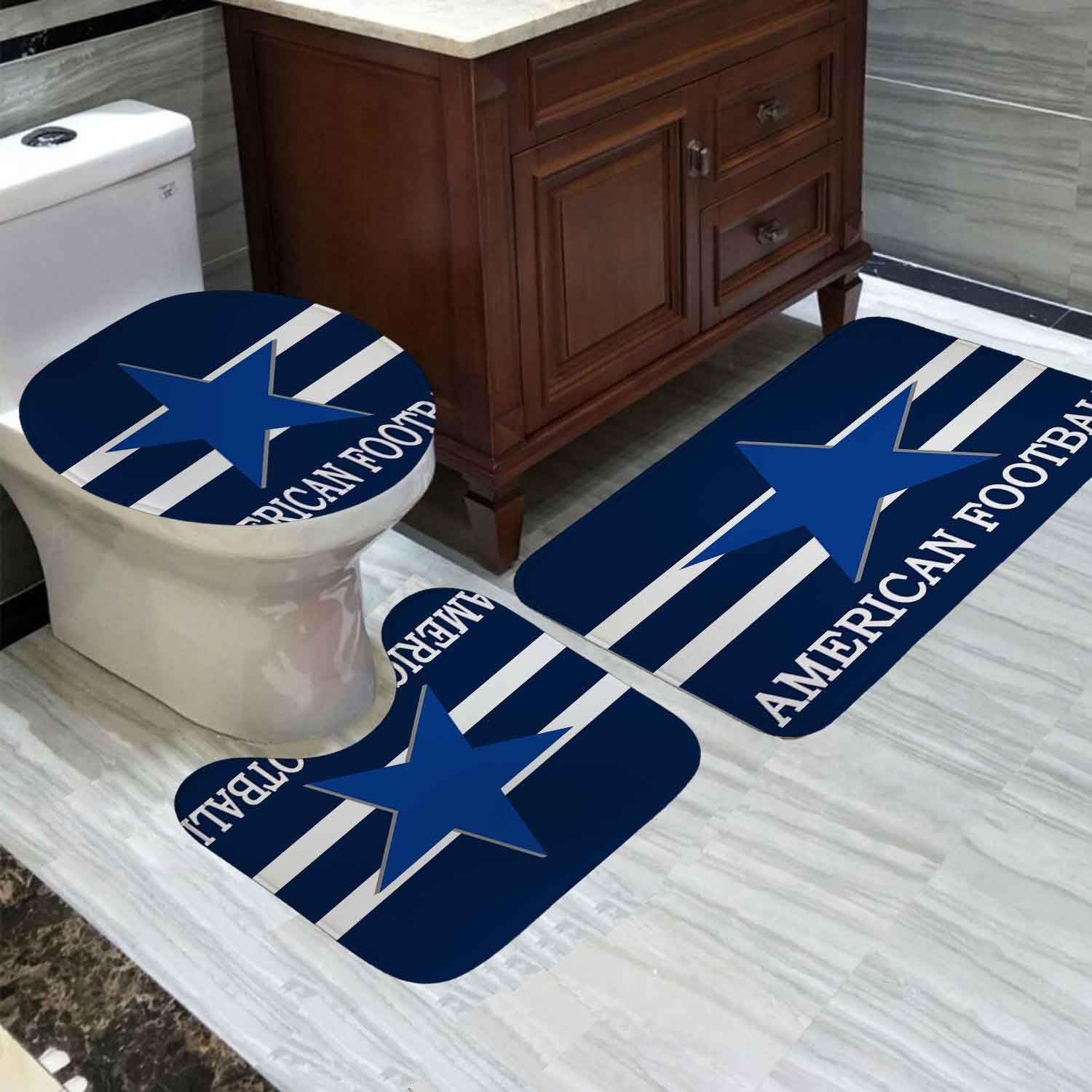 Namdeva 4PCS/Set American Football Shower Curtain, Navy Blue White Striped Player Athlete Championship Modern Sports Bathroom Decor, Non-slip Bath Rugs Toilet Mats, Gifts for Men Boyfriend, Texas Star