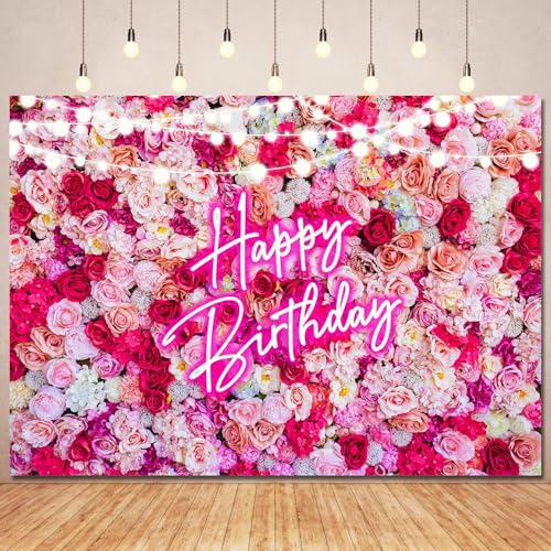 Ayayiya Pink Flower Happy Birthday Backdrop Banner Decorations for Women Pink Neon Birthday Sign Backdrops Banner Red Rose Flowers Photography Background Girls Bday Party Decor Photo Booth Props 7x5ft